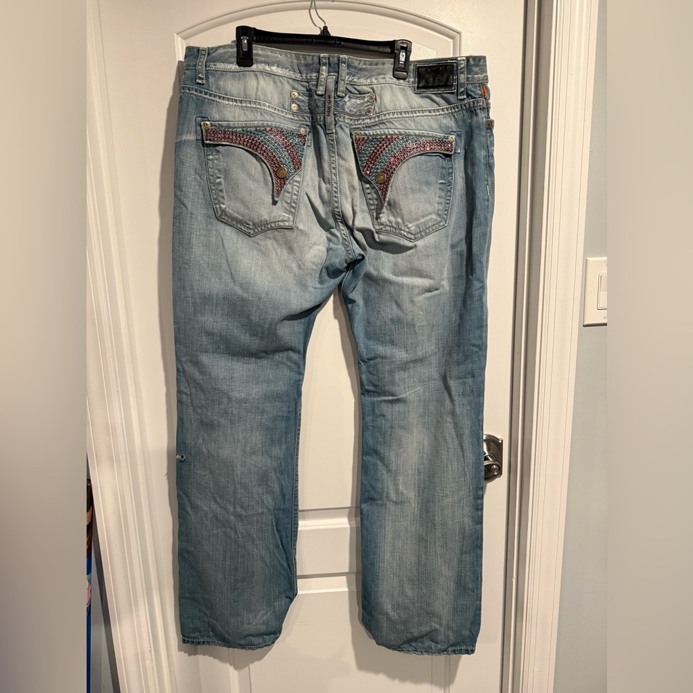 Robin’s Jean Size 44 Straight Blue Jeans w/ Colorful Studded Flaps